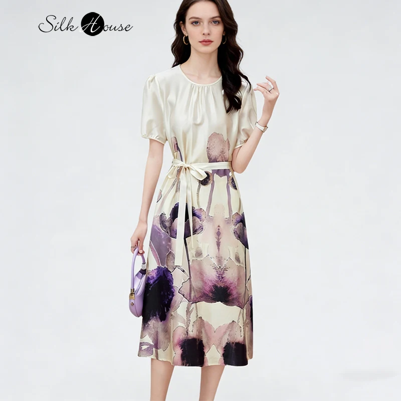

2026 Women's Spring/Summer New 19MM Luxury 91.8% Natural Mulberry Silk Elastic Satin Printed Strap Round Neck Short Sleeve Dress