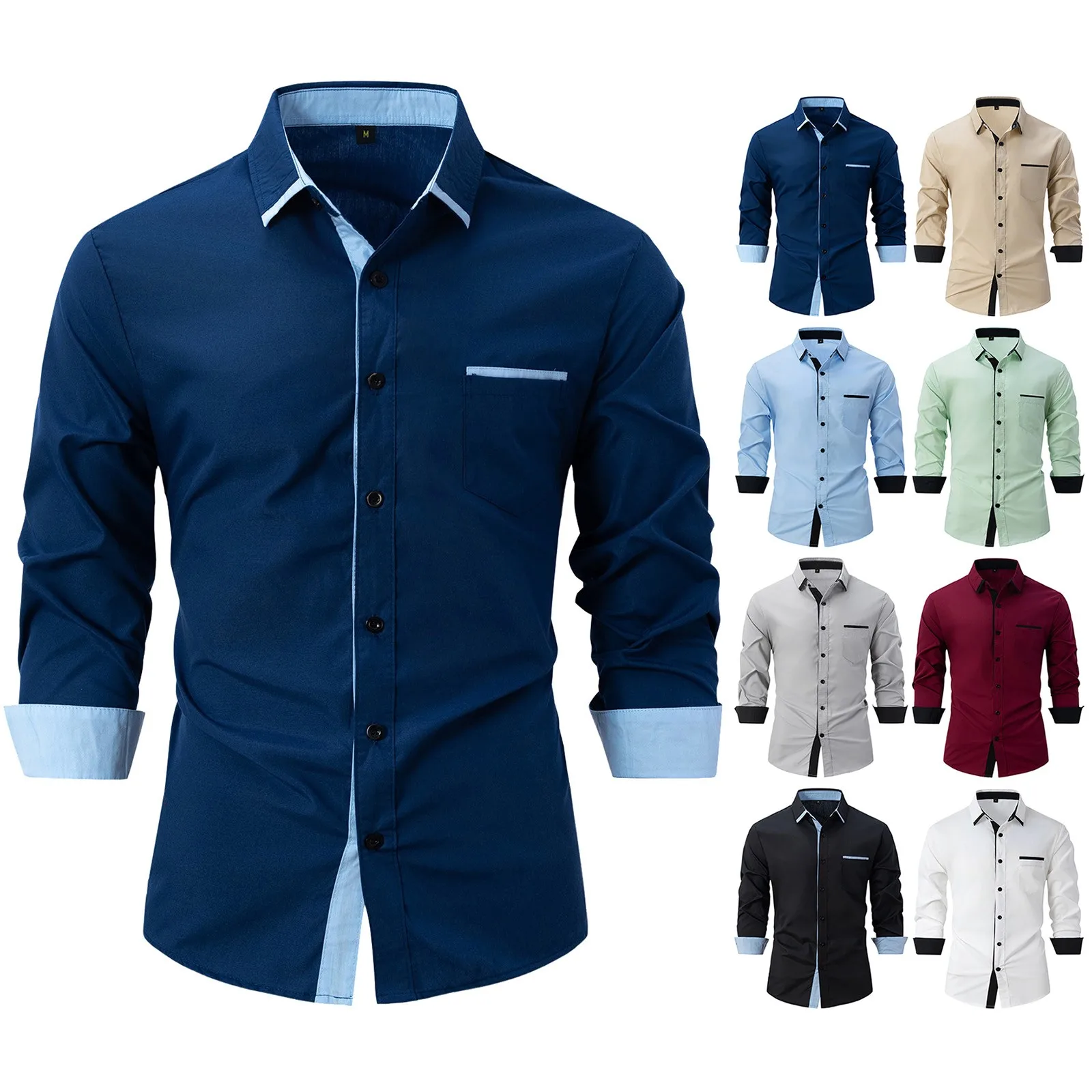 قمصان رجالية بأكمام طويلة تناسب الجسم ، قمصان طية صدر ، ألوان متباينة ، مرقعة ، أعمال يومية ، أزياء غير رسمية ، ربيعية