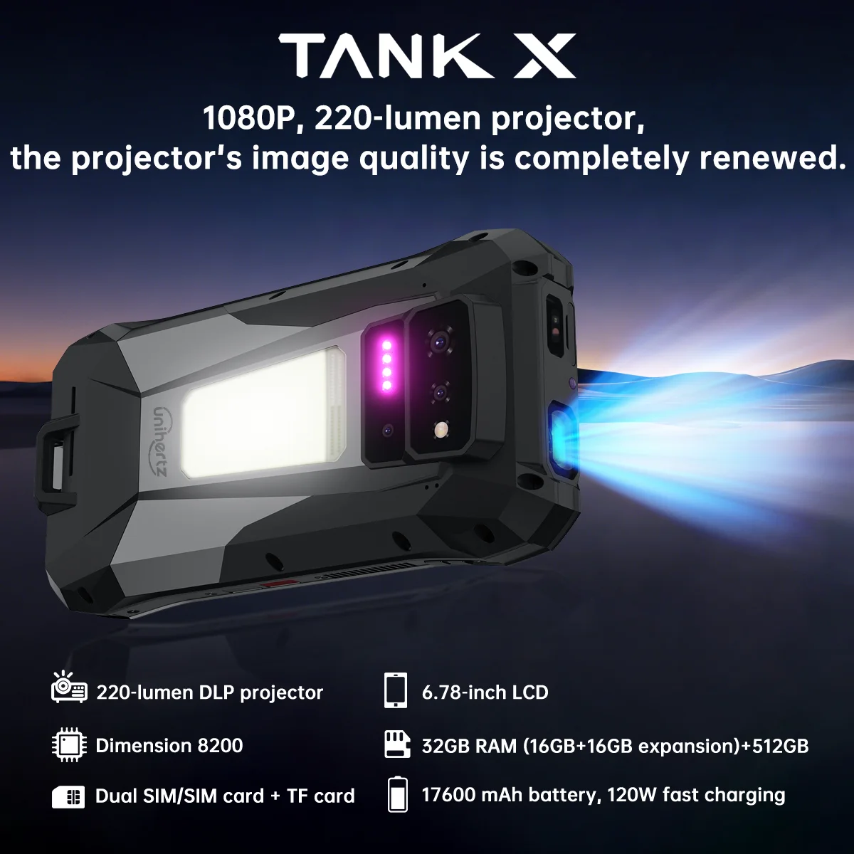 EU US Shipment Unihertz by 8849 TANK X Rugged Smartphone 5G Android 15 Built-in 1080P 220 Lumen DLP Projection 17600mah 32 512GB