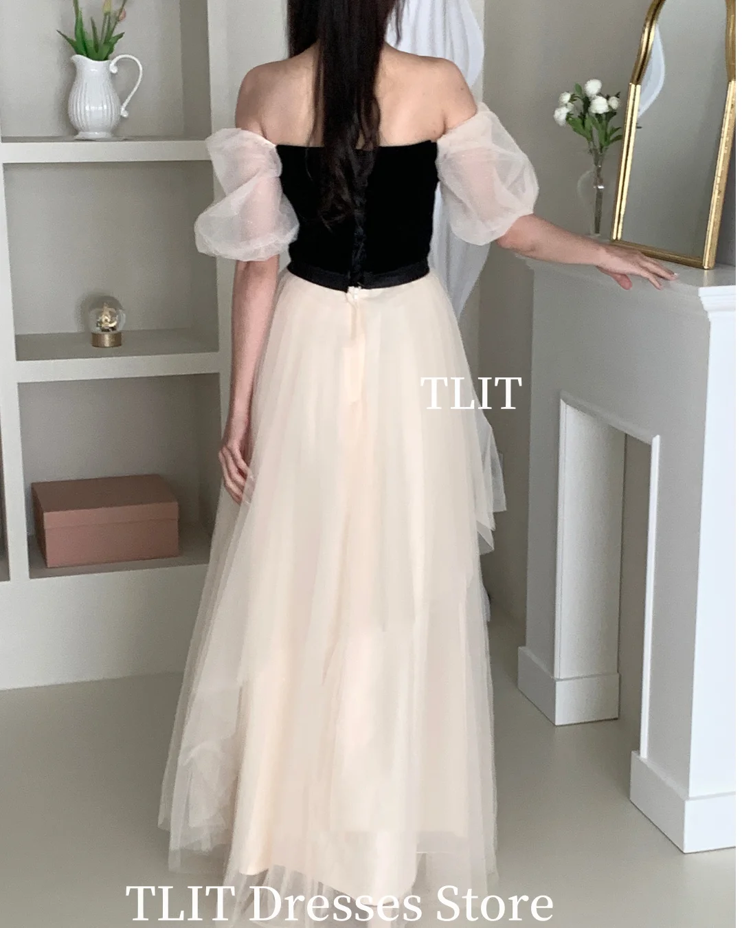 TLIT Schwarz und Elfenbein Kontrast Tüll Schatz Korea A-Linie Abendkleider Maßgeschneidertes elegantes kurzärmliges formelles Partykleid