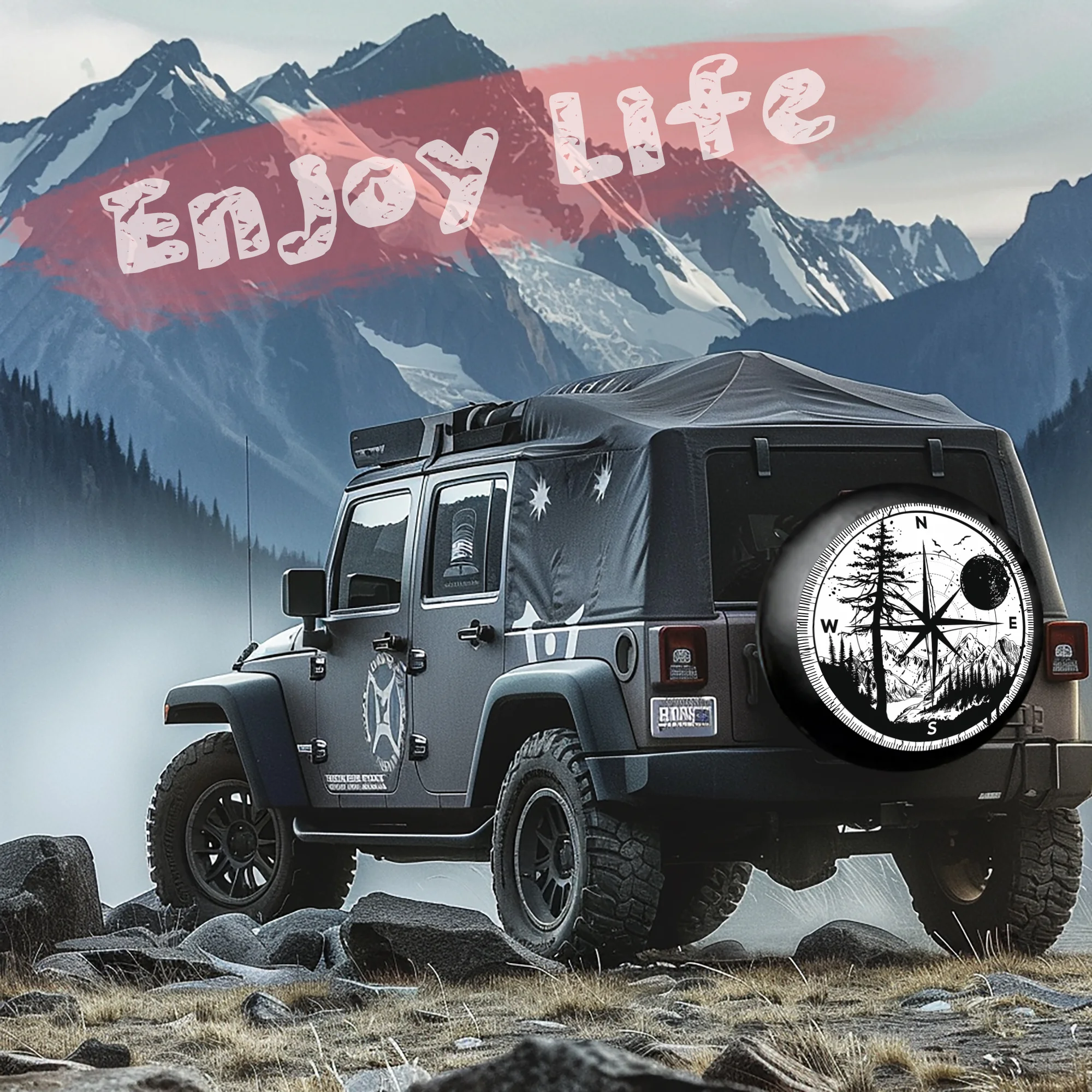 Black and White Compass Mountain River Spare Tire Cover Universal for SUV Off-Road Vehicles All Seasons