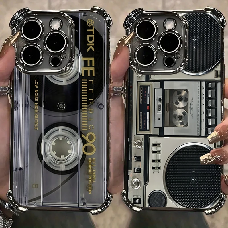 Retro Cassette Pattern Plating Phone Case iPhone 17 16e 16 15 14 13 12 11 Pro Max X XR XSMax 7 8 Mini Air Plus Anti-Fall Airabag
