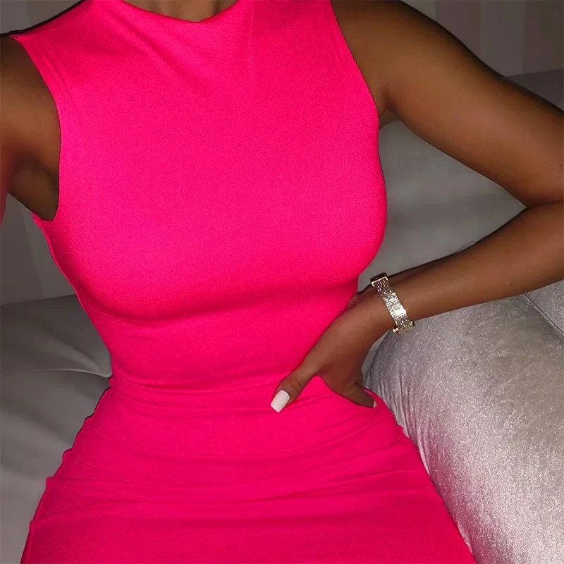 OMSJ Summer Neon Pink Sleeveless Mini Dress Bodycon Sexy Fashion Party Clubwear Skinny Solid Slim Basic 2024 Hot Dresses New