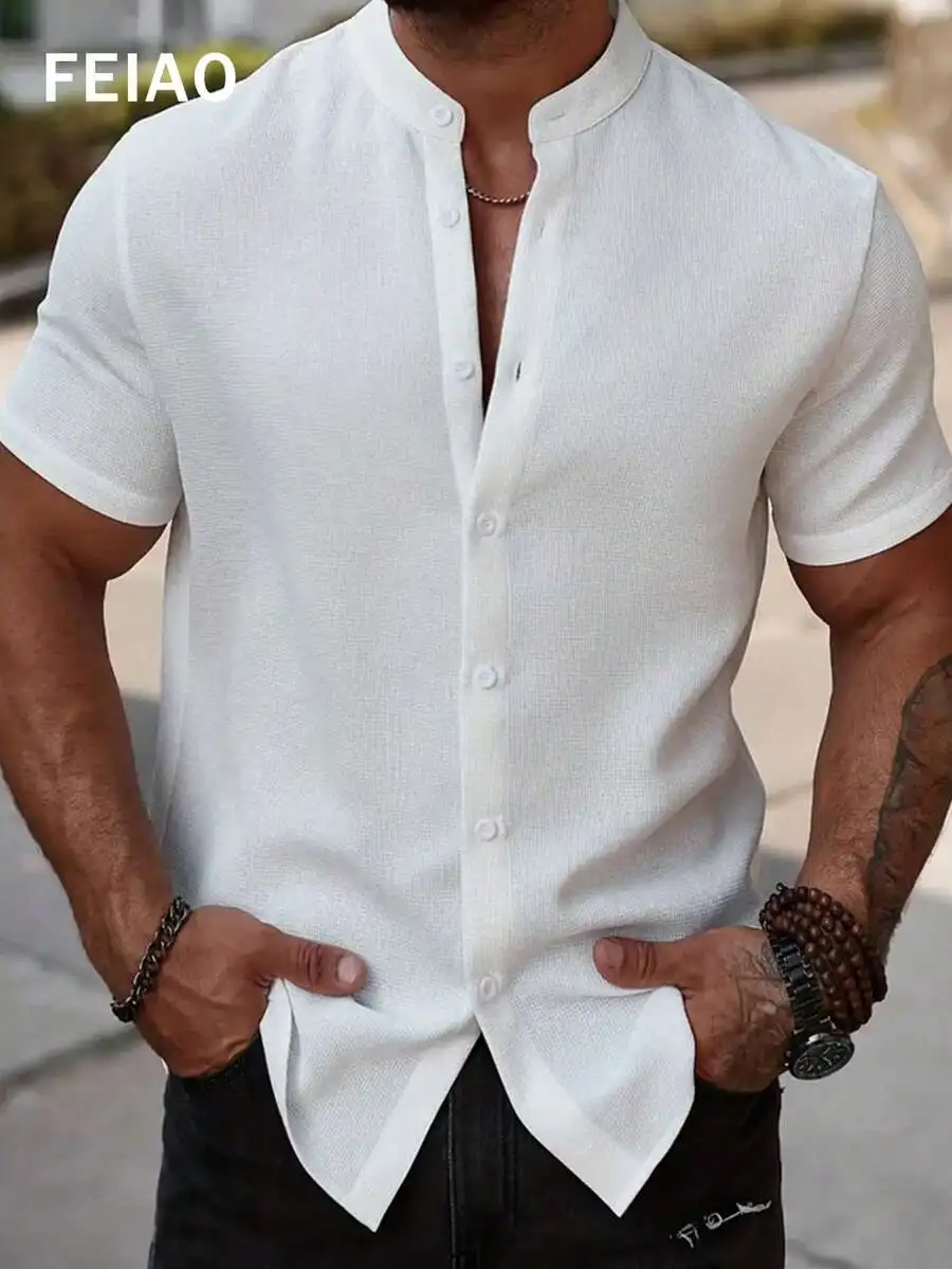 

Men's White Waffle Knit Short Sleeve Button-Front Casual Shirt