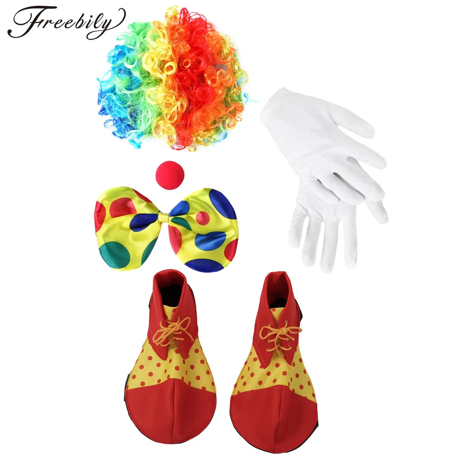 Clown Cosplay Costume Wig Red Sponge Nose Bow Tie White Gloves Big Shoes Halloween Christmas Masquerade Dress Up Show Props