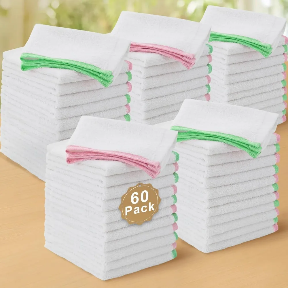 

Bulk 60 Pack 12x12 Cotton Cleaning Cloths Thick 500GSM Odor Free Soft Reusable Dish Bar Towels Green Pink Trim