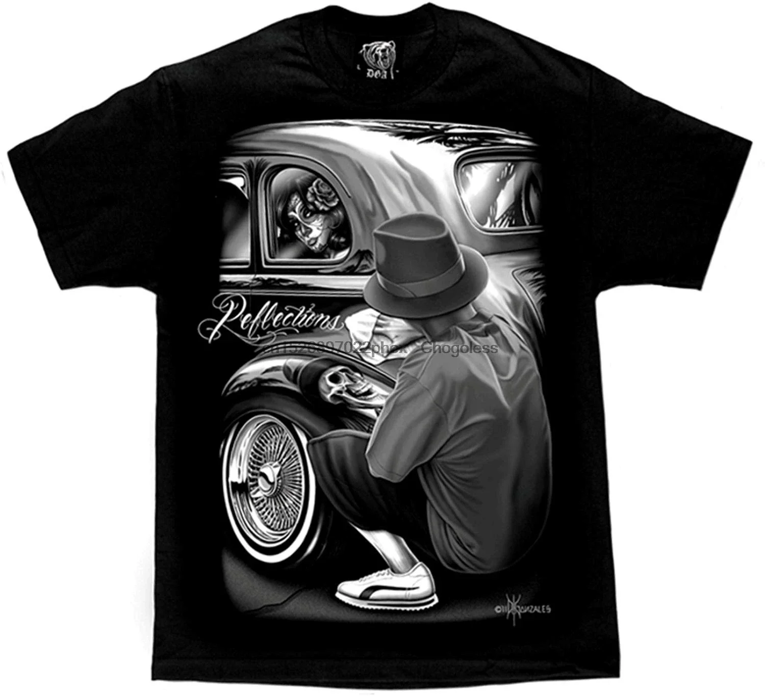 

Summer fashion T-shirt Men's Reflections Lowrider Skull Chicano DGA Art Short Sleeve T-Shirt