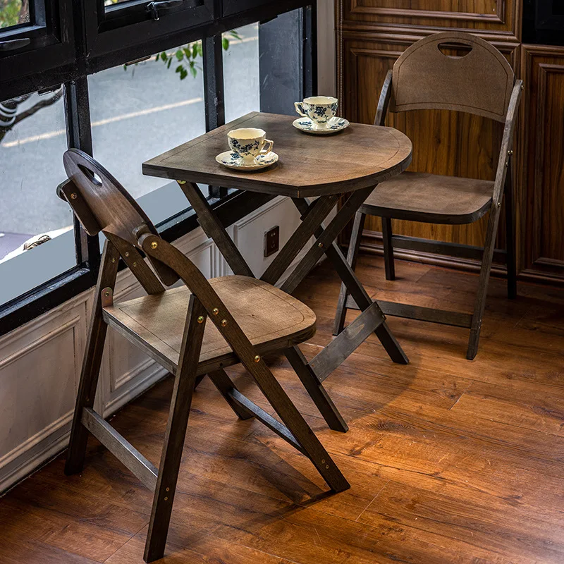 &Solid wood folding table and chairs, home commercial use, outdoor balcony, living room coffee table