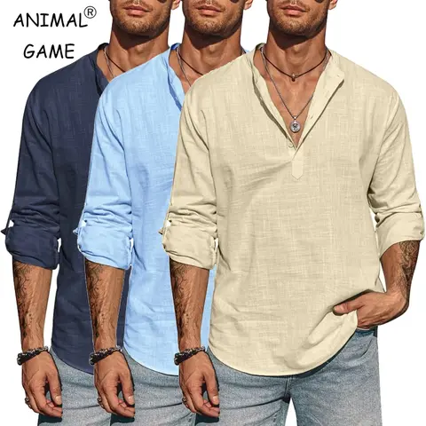 Camisa de algodón de manga larga para hombre, camisetas de lino con cuello levantado, ropa de calle ligera y transpirable, medio botón, camisa hawaiana grande