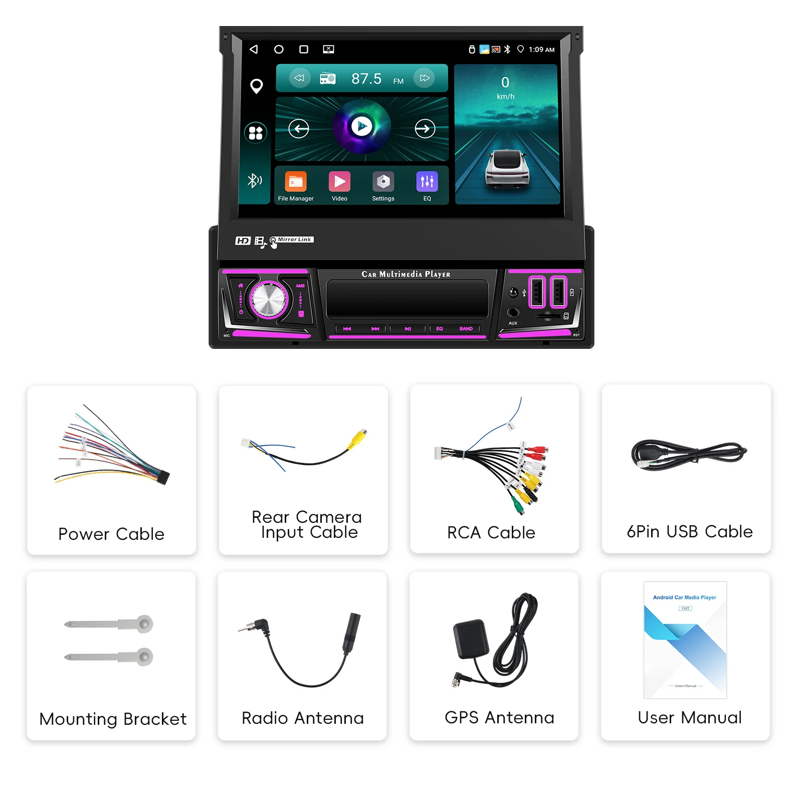 Podofo 7 ''1DIN IPS شاشة تعمل باللمس 4 + 64G Android15 Car Tereo Wireless Carplay GPS Navi Wifi FM RDS بلوتوث USB الوسائط المتعددة #2