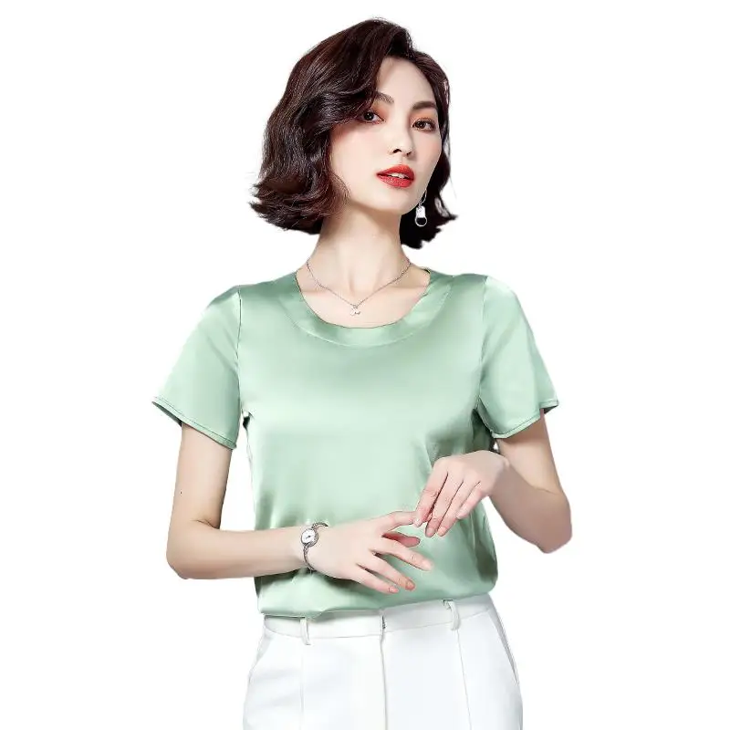 2024 Summer  Elegant Office Lady Acetate satin Blouse Female chiffon tops Vintage Artificial silk Short Sleeve Pullover Shirts