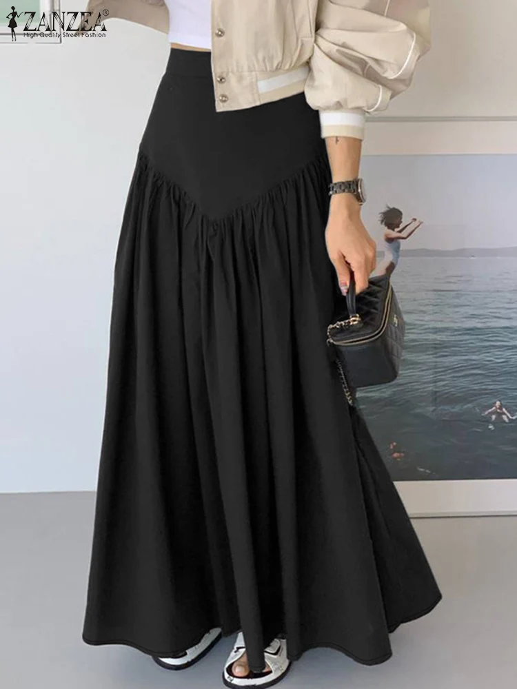 ZANZEA Stylish Women Long Skirts Spring Solid Party Work Skirt High Elastic Waist Baggy Jupes Casual A-line Holiday Faldas Saia