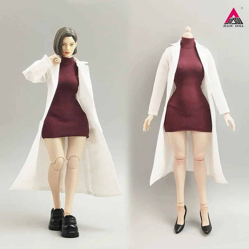 

1/6 1/12 Scale Dark Red High Neck Short Skirt White Long Coat Clothing Model Fit 12'' 6'' Female Action Figure Body doll