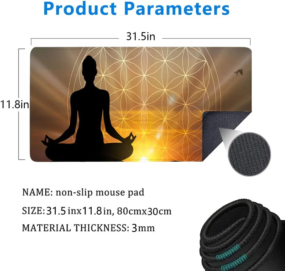 Large Mouse Pad Human Body Yoga Meditation and Flower of Life Large XL Desk Mat Extended Waterproof Mouse Mat 31.5 X 11.8 Inch