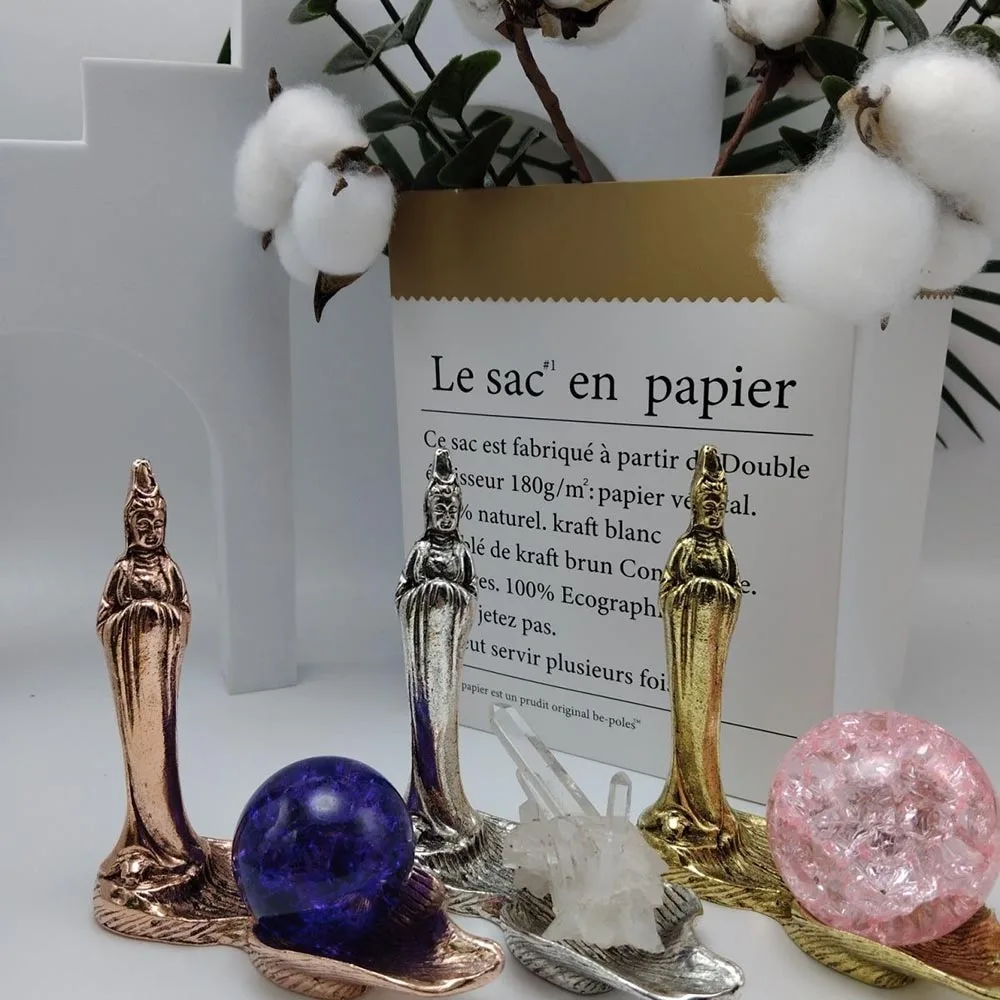 Guan Yin and Bodhisattva Buddha Crystal Ball Stand Metal Figurine Display Base Sphere Holder Mineral Specimen Healing Stone