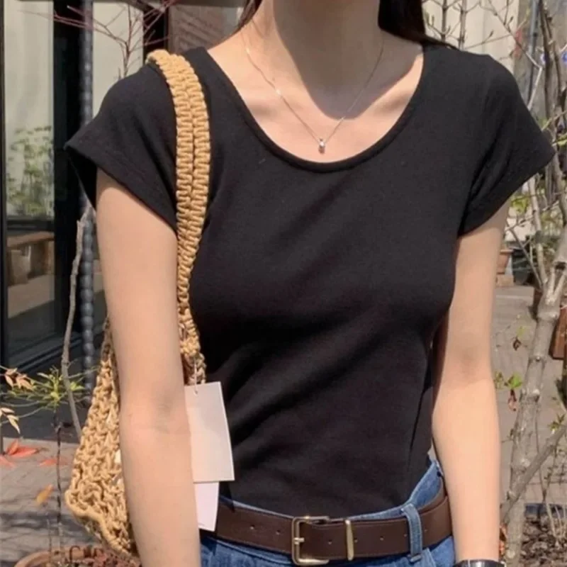 2026 여름 여성용 O넥 티셔츠 슬림 핏 반팔 티셔츠 여성용 편안한 부드러운 얇은 티셔츠 단색 심플 다용도 탑