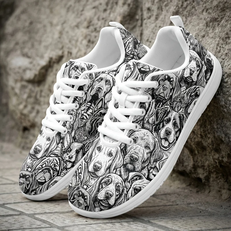 Unisex black and white sketch dog animal print casual canvas shoes All-season lace-up soft-soled non-slip wear-resistant low-top