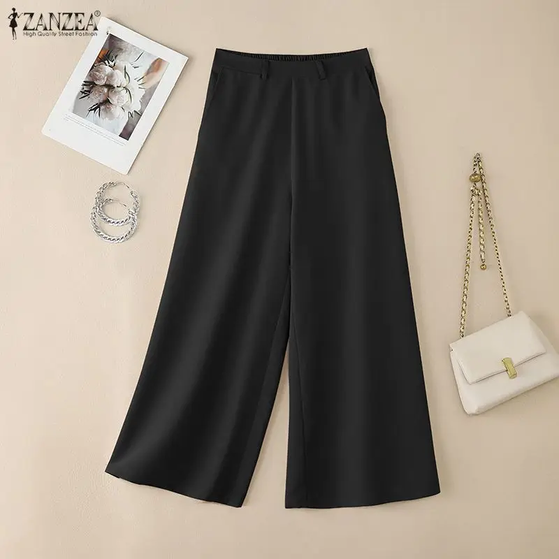 ミニマリスト白ワイドレッグパンツ女性カジュアルデイリー弾性ウエスト無地ルーズパンツ夏パラッツォ ZANZEA 女性服