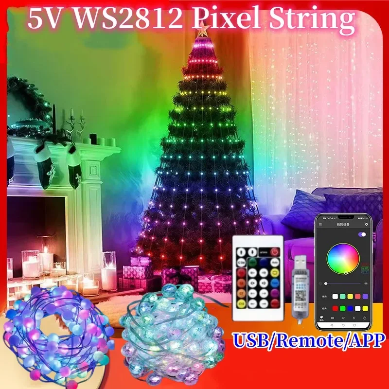 Guirnalda de luces LED con USB, iluminación de píxel RGB Ws2812, 5M/10M, 5V, resistente al agua, para decoración de fiestas, bodas y Navidad