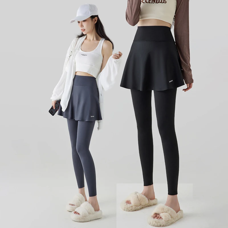Women's Fitness Training Yoga Skirt Leggings Fake Two Piece Tennis Pants Skirts Woman Autumn Winter Fleece Lined Sports Leggings