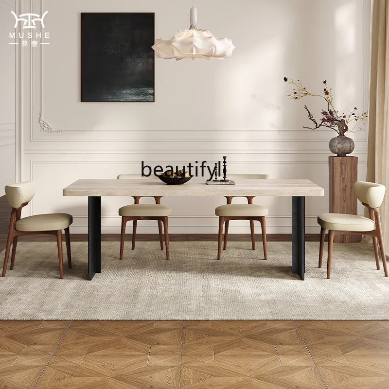 French travertine rock slab dining table and chair combination simple rectangular designer dining table
