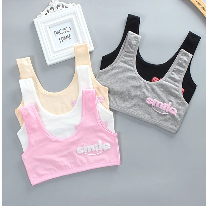 3Pcs/lot Girls Gra 7-14 Years Old Children's Developmental Vest Underwear Double-layer Sling Cotton Smile Print Girls Bra