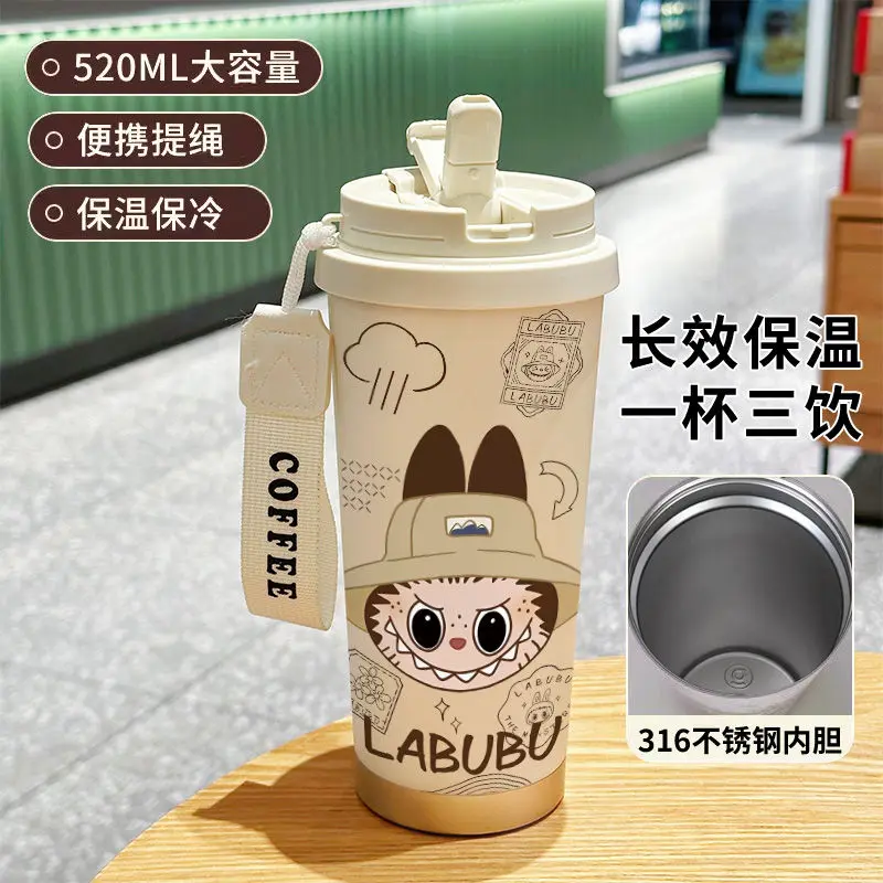 New cute cartoon detective labubu large capacity portable high-value niche campus double drinking cup straw car coffee cup