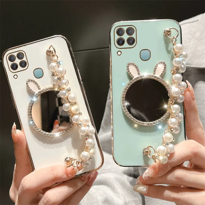 Rabbit Makeup Mirror Electroplated Pearl Wristband Phone Case For Infinix Hot 10S X689B X689 X689D Hot10S Silicone Back Cover