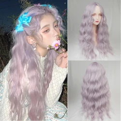 GAKA Gray Purple Fleece Roll Medium Split Large Waves Lolita Long Curly Hair Bangs High Temperature Synthetic Wig