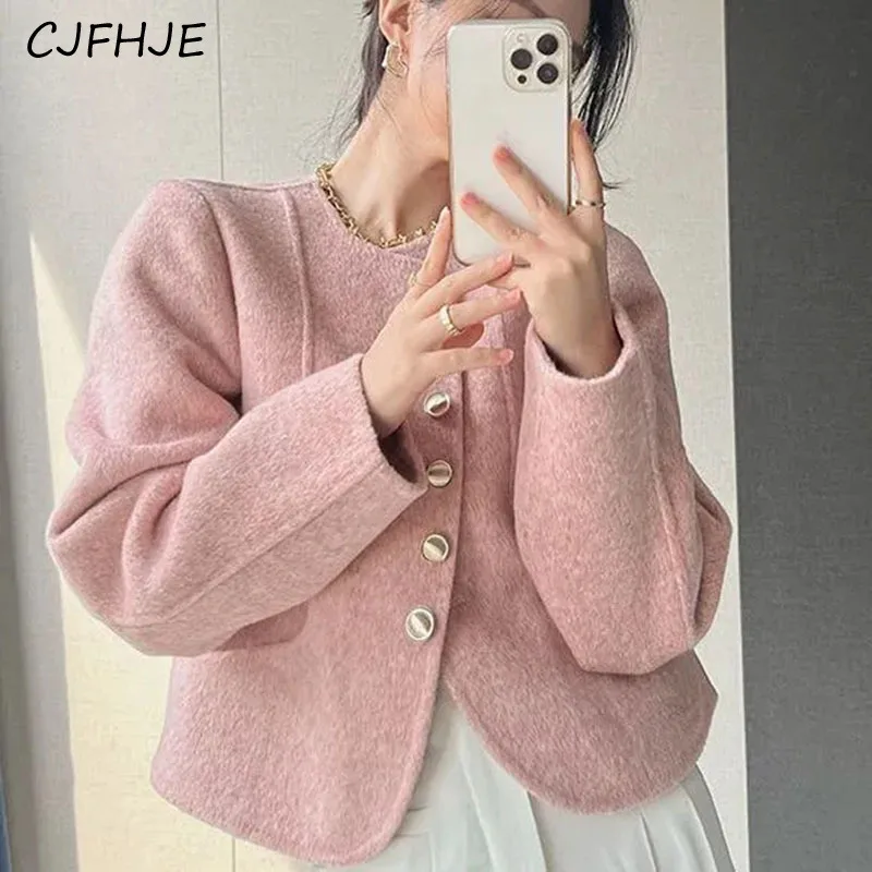 CJFHJE Pink Faux Woolen Coat Women Korean Fashion Designed Button Loose Cropped Tops Female Casual Streetwear Blended Jacket New