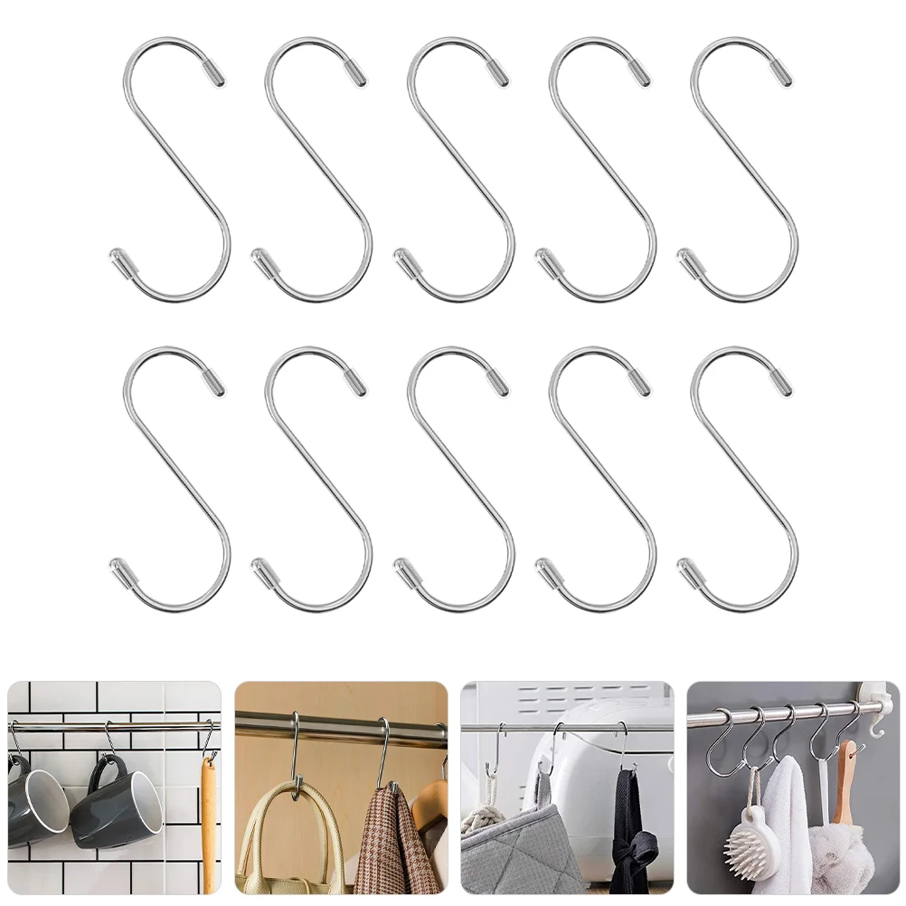 10 Pcs Silver S-shaped Hook Stainless Steel Clothes Hangers Coat Indoor Multiple Uses Tools
