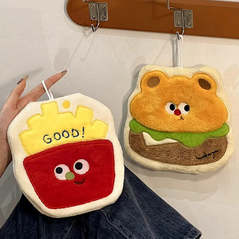 Cute Hand Towel Bathroom Absorbent Children's Towel Cartoon Burgers Fries Hanging Towels Double-thickness Kitchen Dishcloths