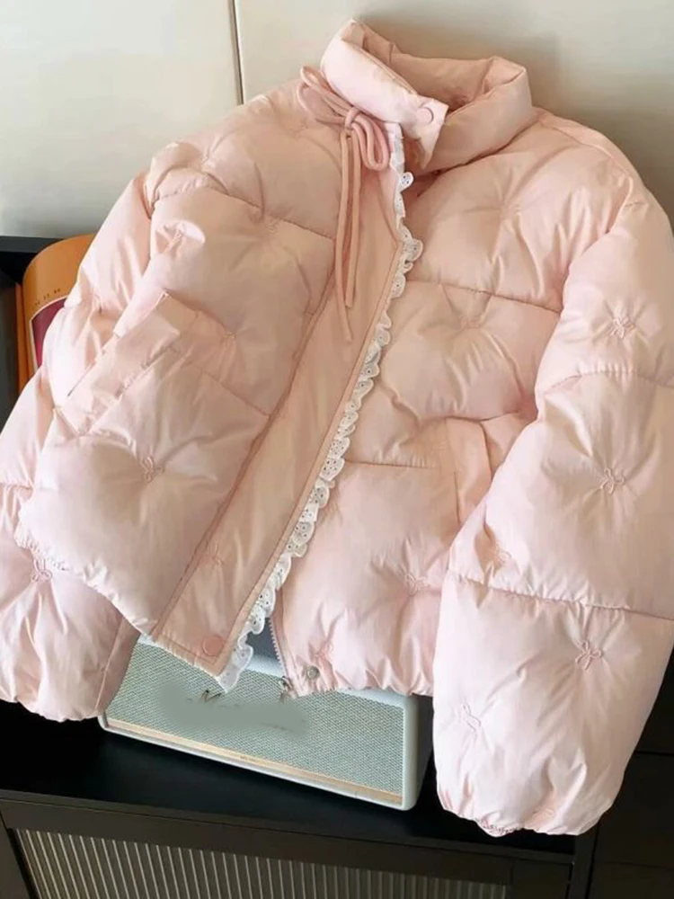 Zoki الدانتيل المرقعة الوردي سترات المرأة الحلو Preppy نمط فضفاض شتاء دافئ منتفخ معطف الكورية طويلة الأكمام لطيف القوس الدانتيل يصل سترة #2