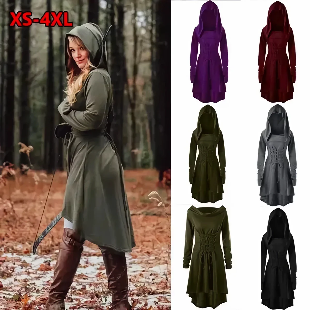 

Medieval Renaissance Cosplay Costumes Women Hooded Robe Lace Up Retro Pullover Hoodie Dress Cloak Halloween Party Costume
