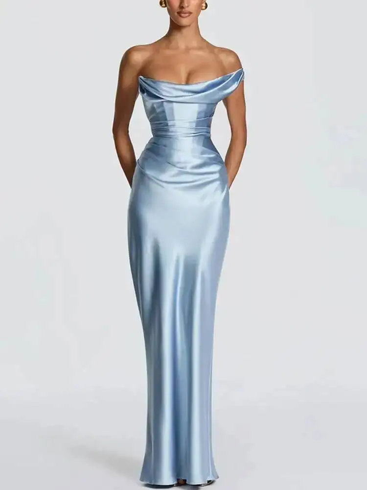 

Blifanbo Stain Sexy Backless Maxi Dress Women Elegant Inclined Shoulder High Waist Sleeveless Slim Club Party Evening Long Dress
