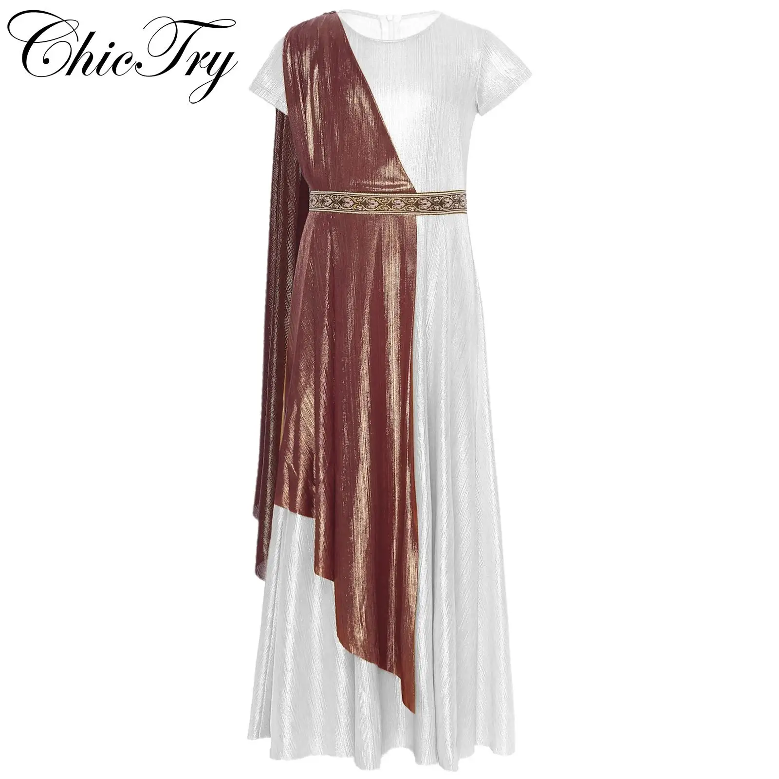 

Kids Girls Greek Toga Robe Cosplay Costumes Halloween Drape Vintage Waistband Roleplay Maxi Dress for Carnival Party Dress Up