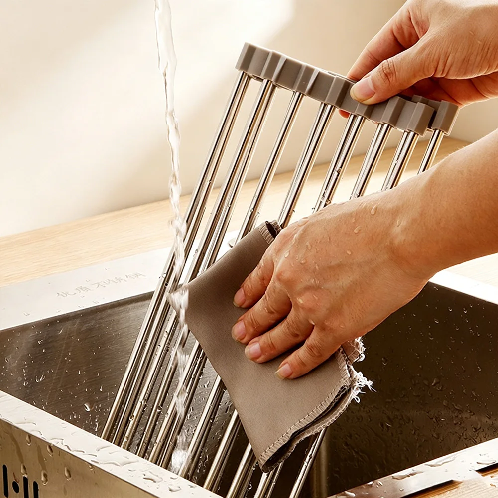 Kitchen Multifunctional Foldable Sink Drain Rack Stainless Steel Dish Fruit Drying Storage Shelf Bowl Organizer view 5