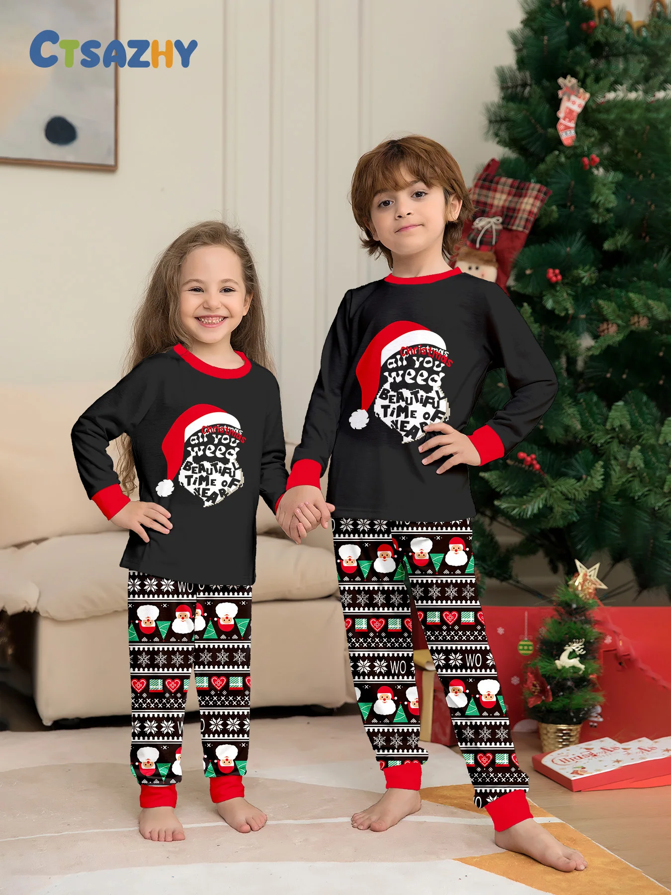 

Детский рождественский пижамный комплект — подходящая черная шляпа Санта-Клауса, рубашка Xmas Element и пижамные штаны