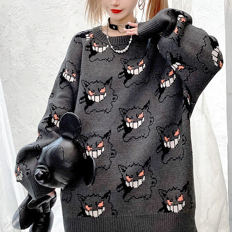 Pull Anime Pokemon Gengar pour femme, pull à motif Harajuku, style coréen, pulls chauds, mode automne et hiver, chaud