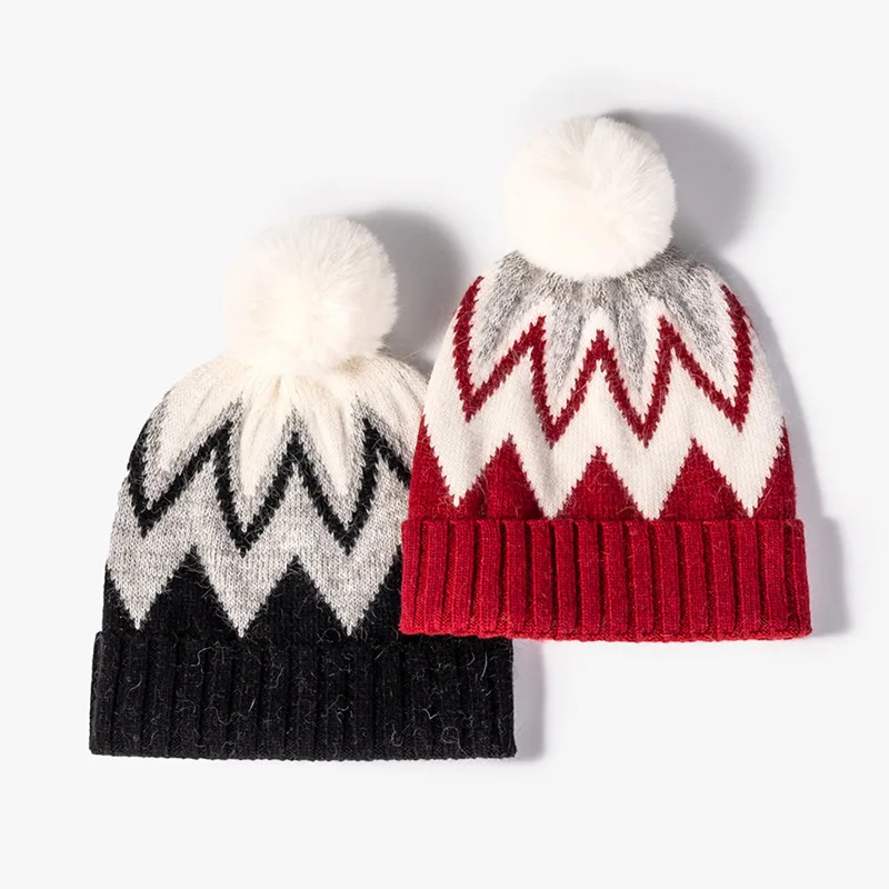 Winter Fashion Men Women Wool Ball Knitted Hat Boys Girls Warm Thickened Rabbit Hair Without Brim Cold Hat Striped Jacquard Hat