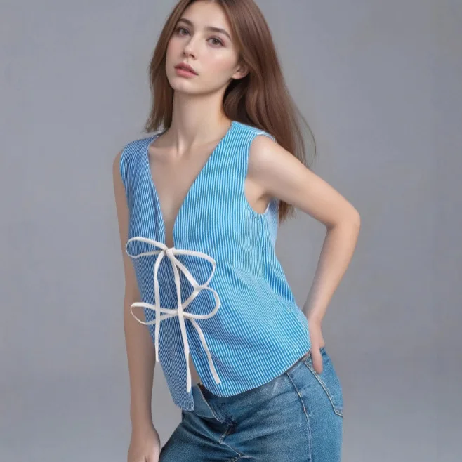 

Yama Vacation Casual Striped Knitted Vest Blue Sexy Slim Fit V-neck Vest