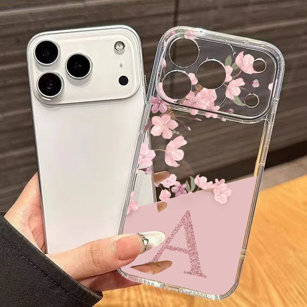 

Transparent Cases For iPhone 17 13 12 16 15 Pro Max 14 Plus Air English Letters Pink Flowers Print Soft Shockproof Phone Cover