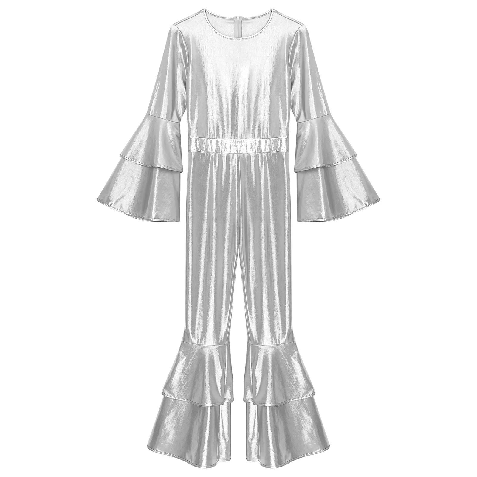 Womens Hippie Jazz Dance Costume Unitard Jumpsuit Rave 70S Disco Clubwear Metallic Shiny Tiered Flare Sleeve Bell Bottom Romper