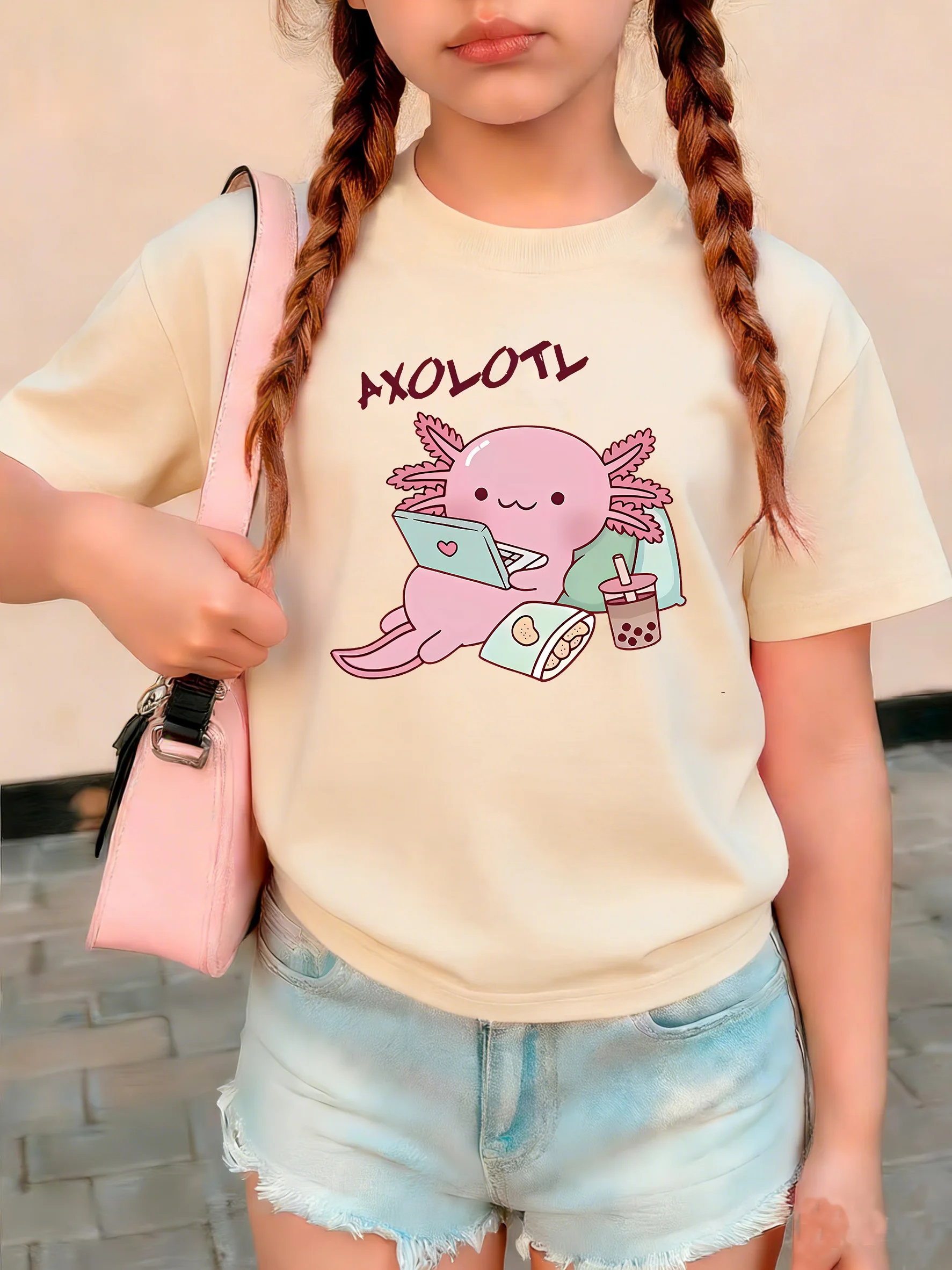 New Animal Axolotl Drinking Bubble Tea T Shirts Funny Summer Kids Children's T-shirt Boys Girls Casual Top Tee