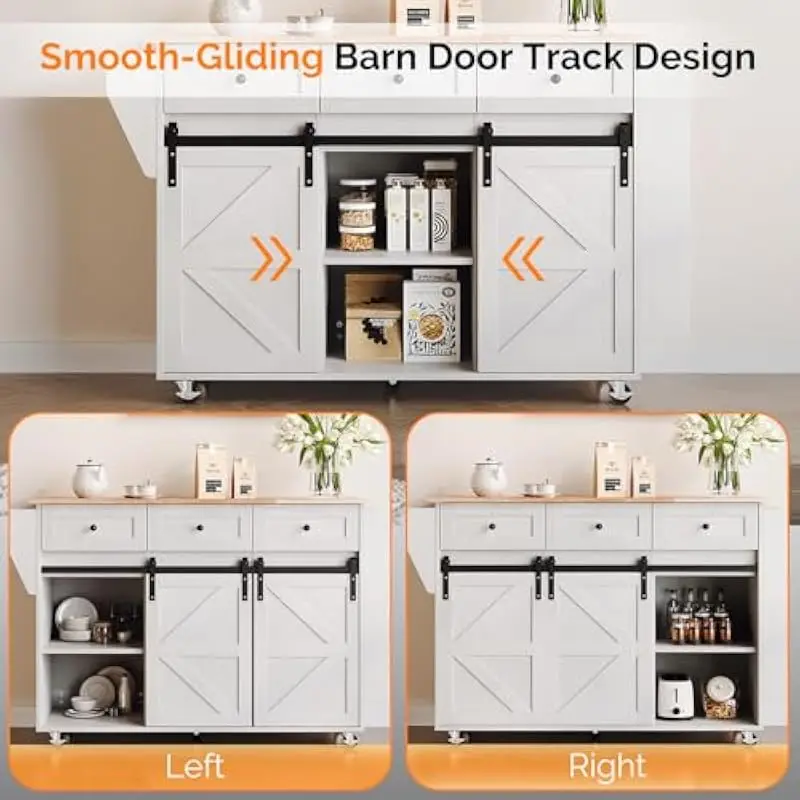 52 Inch Wide Mobile Kitchen Island Featuring Sliding Barn Doors Smooth Glide Track System Tiered Open Shelves Three Drawers Two