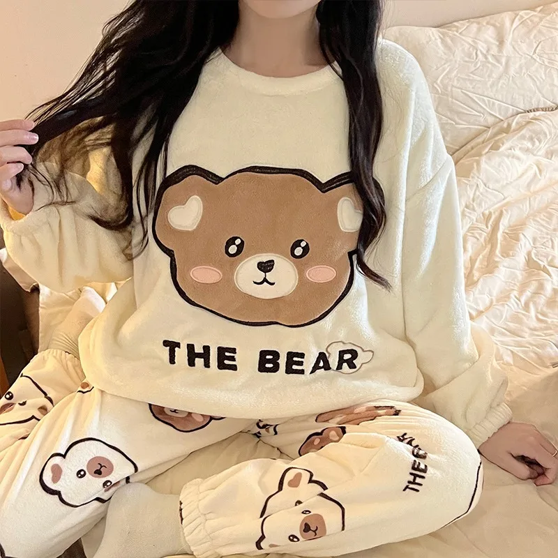 Thickened Warm Sleepwear for Winter Cartoon Flannel Pajamas Homewear Women Velvet Coral Velvet Cartoon Bear Nightwear Loungewear