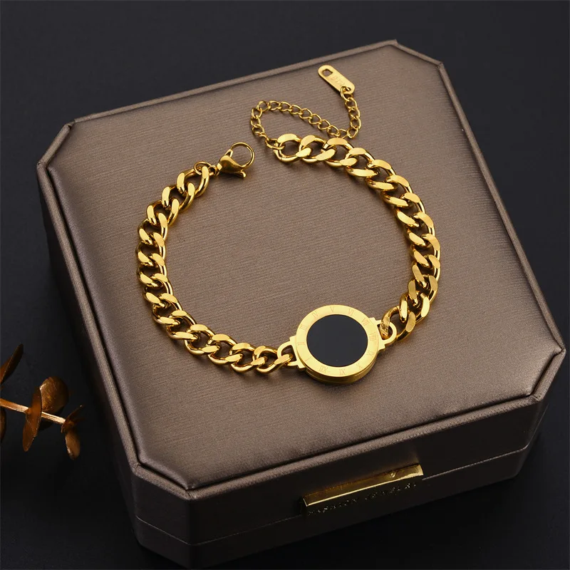 Meyrroyu 316 aço inoxidável preto branco lado duplo vende algarismos romanos corrente grossa charme pulseira para mulher pulseras mujer