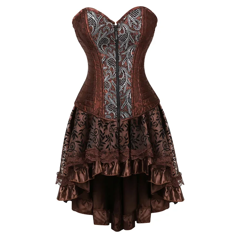 

Steampunk Corset Dress Pirate Skirts Set Victorian Women Plus Size Gothic Bustier Brown Black Halloween Costume