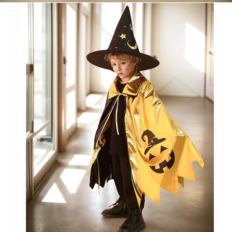 Capa para niños de Halloween, vestido de bruja estrella, capa estampada de mago con sombrero para niños y niñas