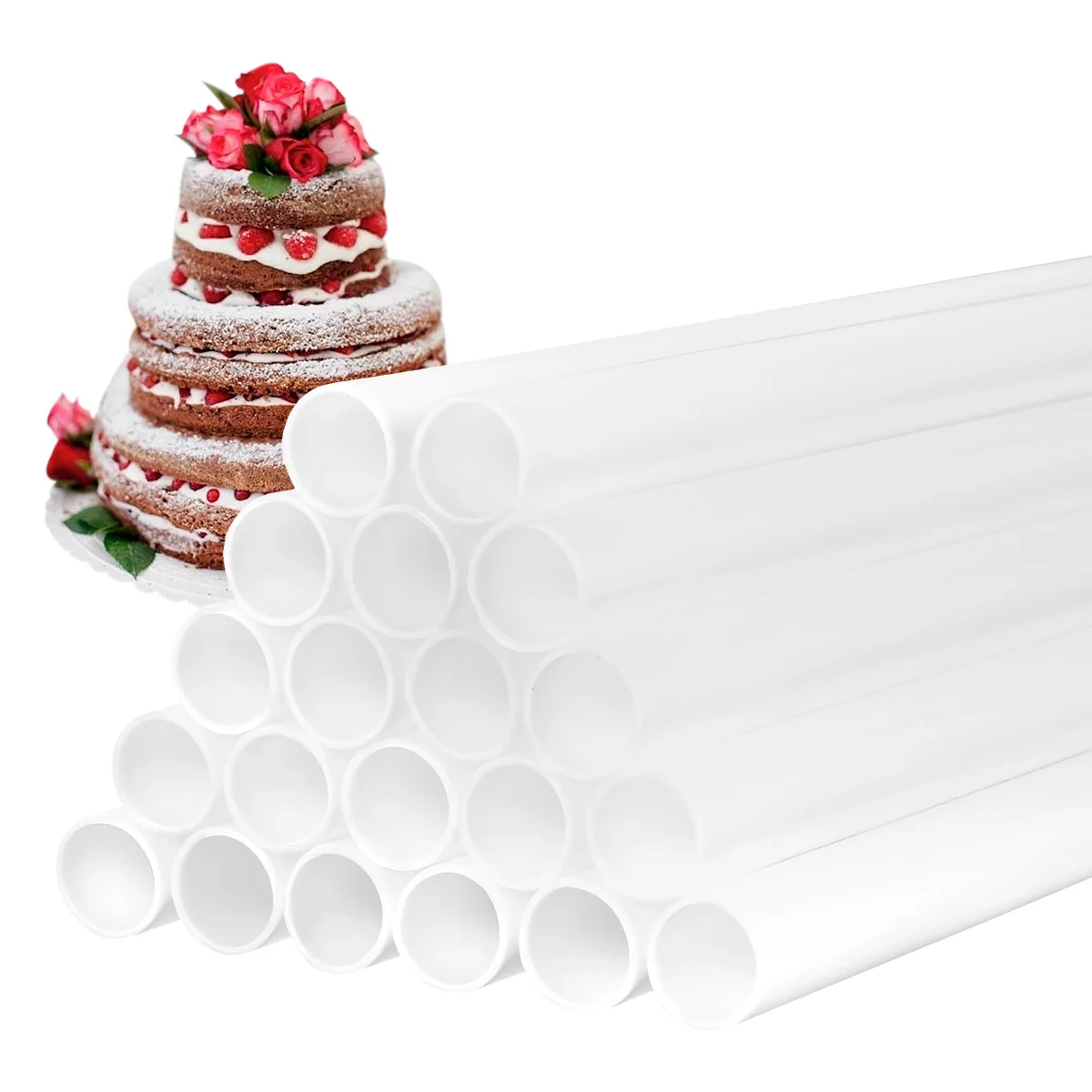 20 pçs cavilhas de bolo de plástico branco hastes de suporte de bolo cavilhas redondas canudos 0.4 Polegada de diâmetro varas de bolo para empilhamento de bolo em camadas